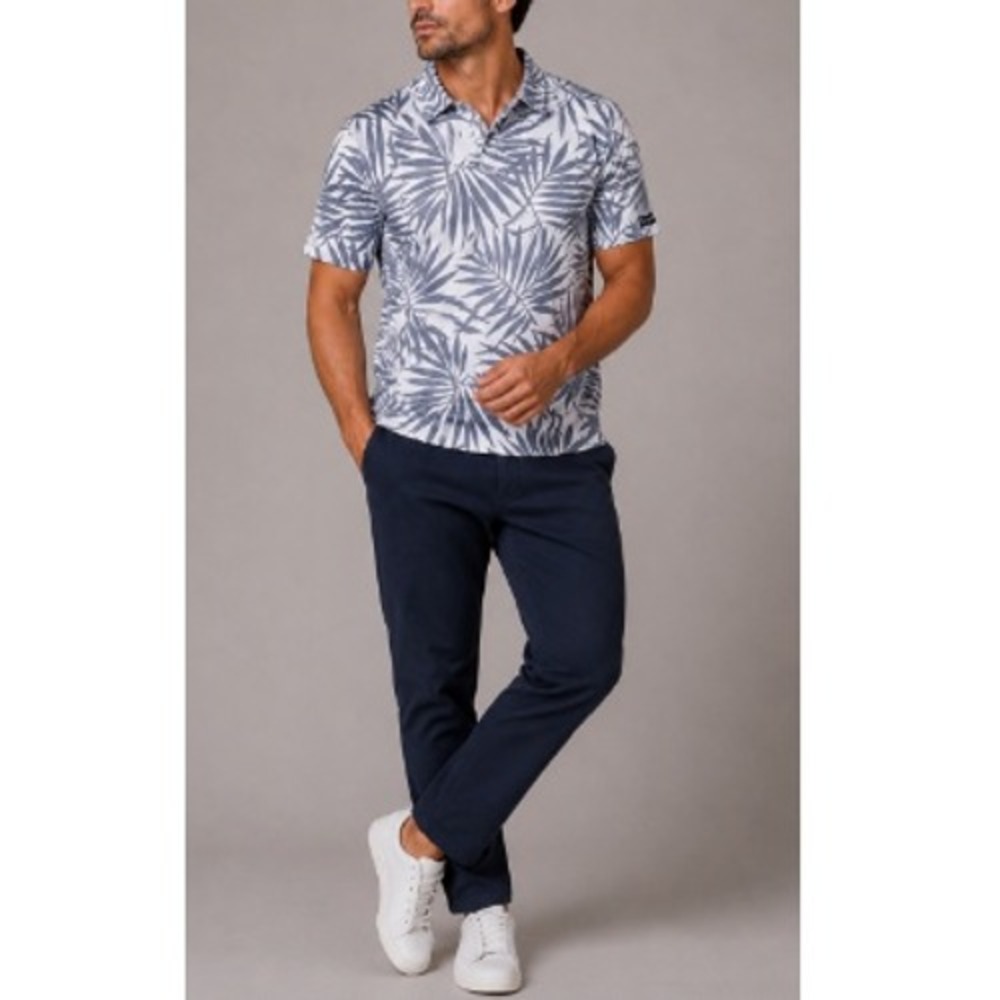 SandyGolf Men's Grey Tropical Palm Leaf Print Performance Polo Shirt Size‎ S
